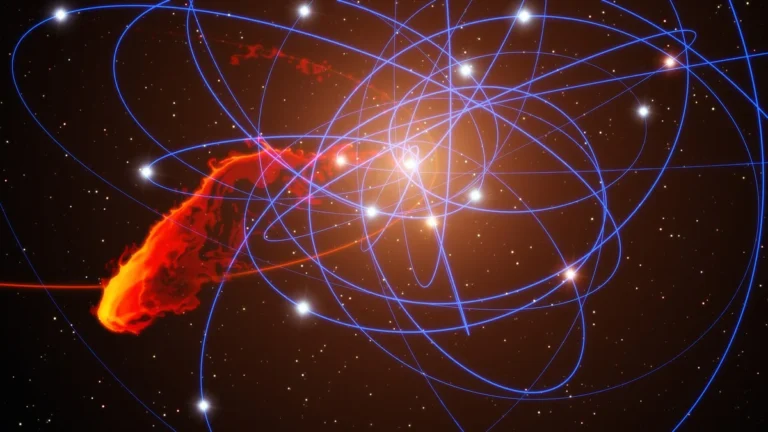 Artist's impression of a red gas cloud and blue star orbits around the Milky Way's central black hole.