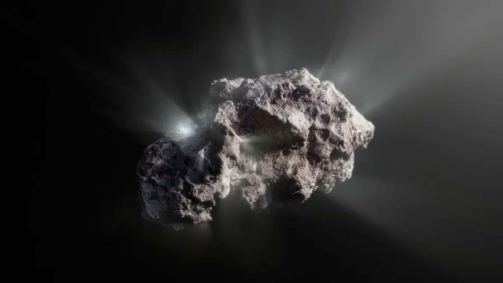 Artist's rendering of a rocky interstellar comet emitting bright jets of gas and dust in deep space.