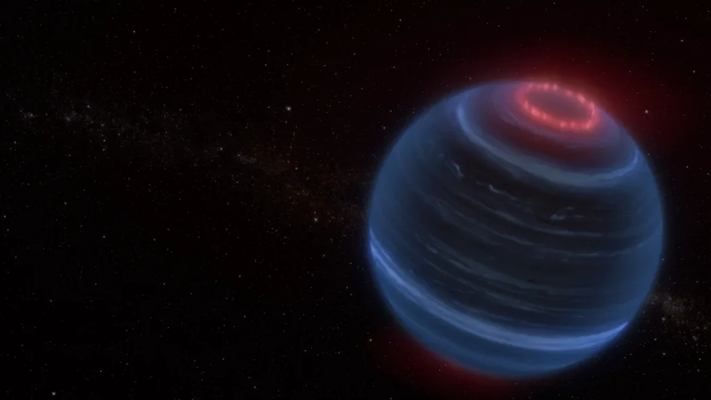 Artist's concept of brown dwarf WISE 0855 with blue cloud bands and a glowing red polar ring.