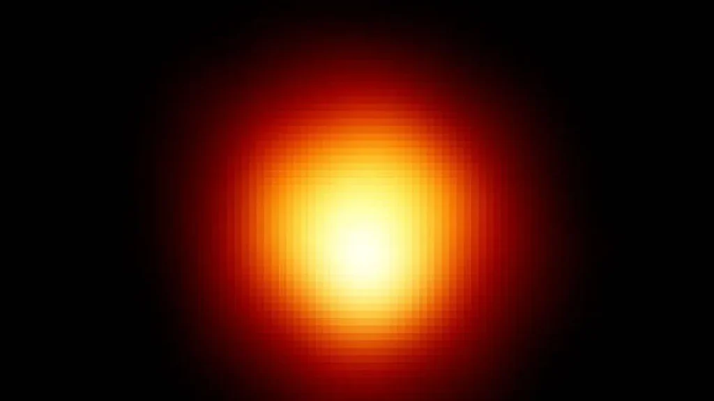 A pixelated, glowing red-orange star against a dark background, representing a stellar giant.