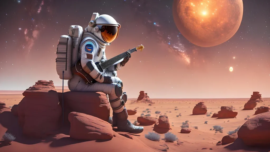 An astronaut sits on a red rock playing guitar under a giant orange planet in a starry sky.