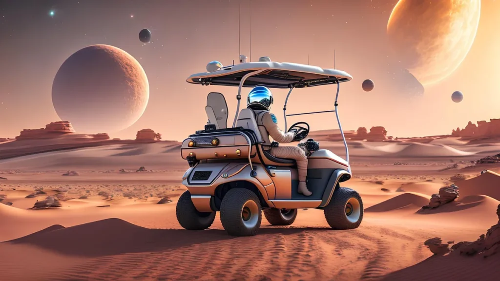 An astronaut drives a rover across a sandy desert landscape under giant colorful planets in a orange sky.
