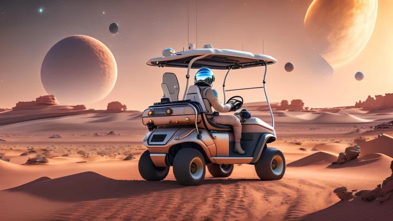 An astronaut drives a rover across a sandy desert landscape under giant colorful planets in a orange sky.