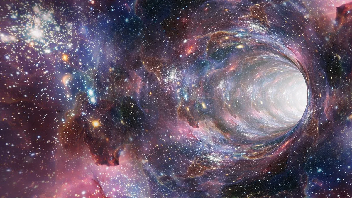 Vibrant cosmic tunnel of stars and colorful nebulae representing a journey into the deep cosmos.