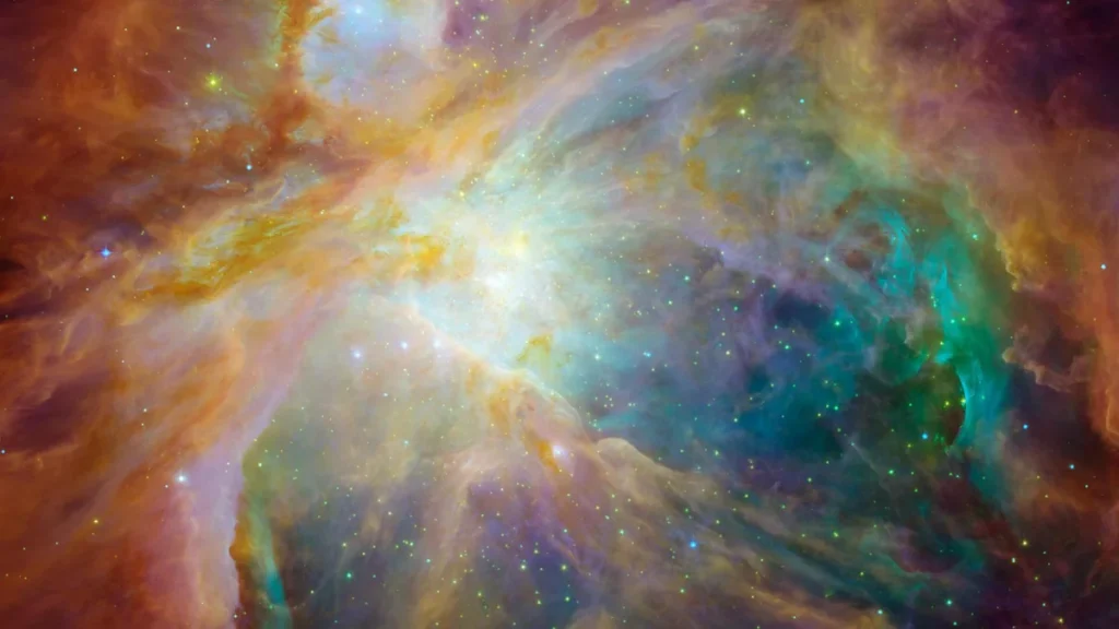 Vibrant orange and teal cosmic clouds swirl in a colorful nebula filled with bright stars.