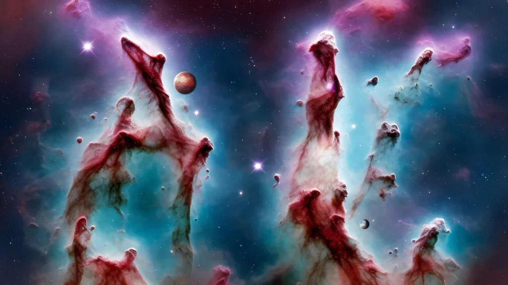 Vibrant red and teal cosmic pillars swirl in a colorful nebula with stars and a small planet.