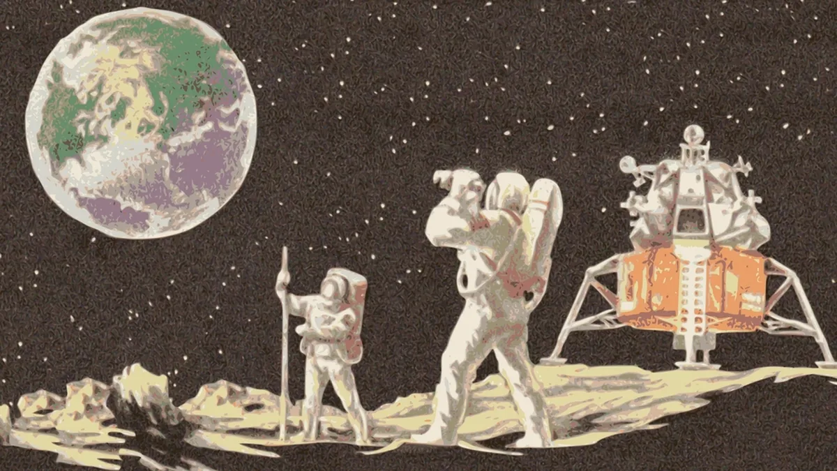 Stylized illustration of two astronauts on the moon with a lunar lander and Earth in the starry background.