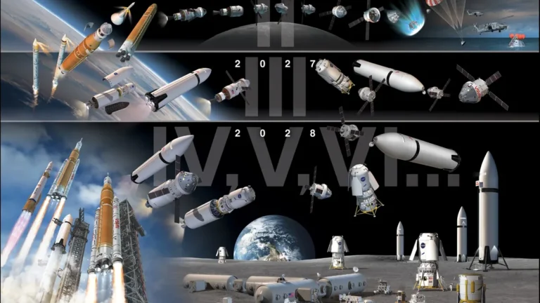 Illustrative collage of rockets and spacecraft, including NASA’s Artemis program and ISS missions, with numerical labels.