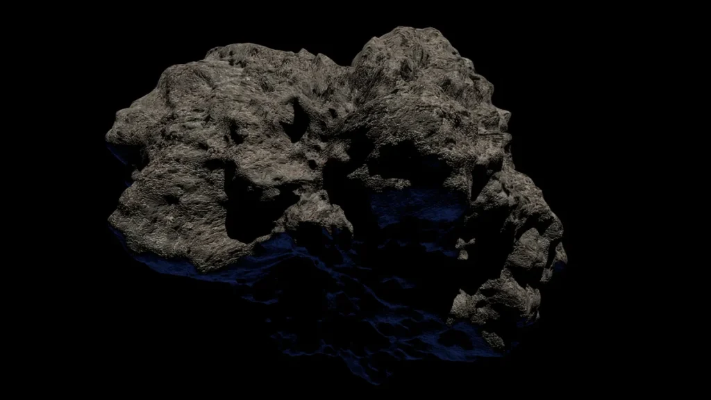 Dark, cratered asteroid with blue highlights floating against a black space background.