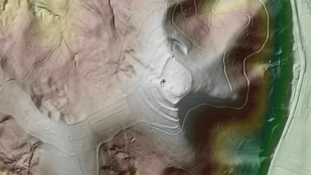 A colorful 3D topographic map showing elevation contours of a varied landscape.