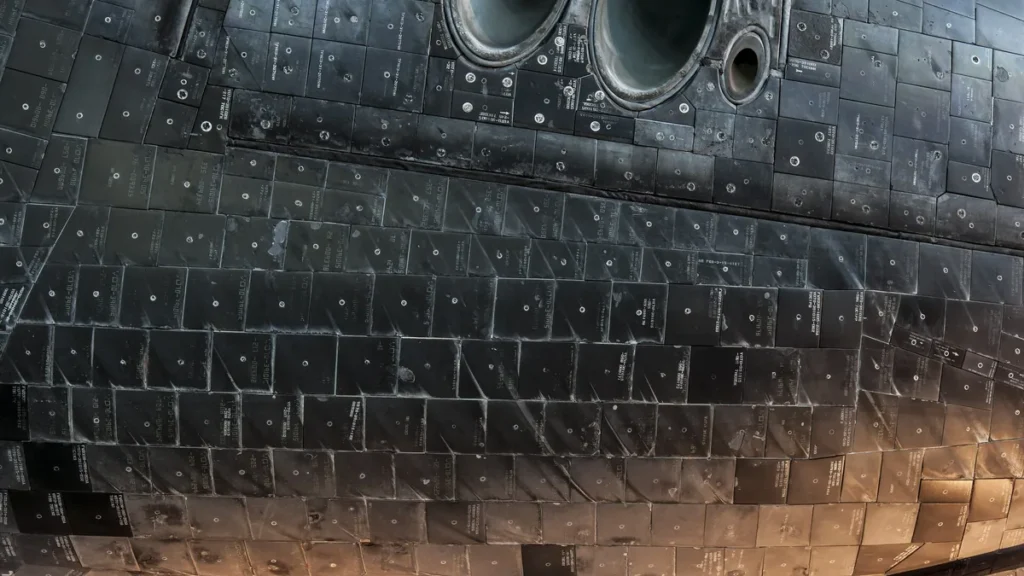 Detailed close-up of black spacecraft heat shield tiles with technical stenciling and circular thruster ports.