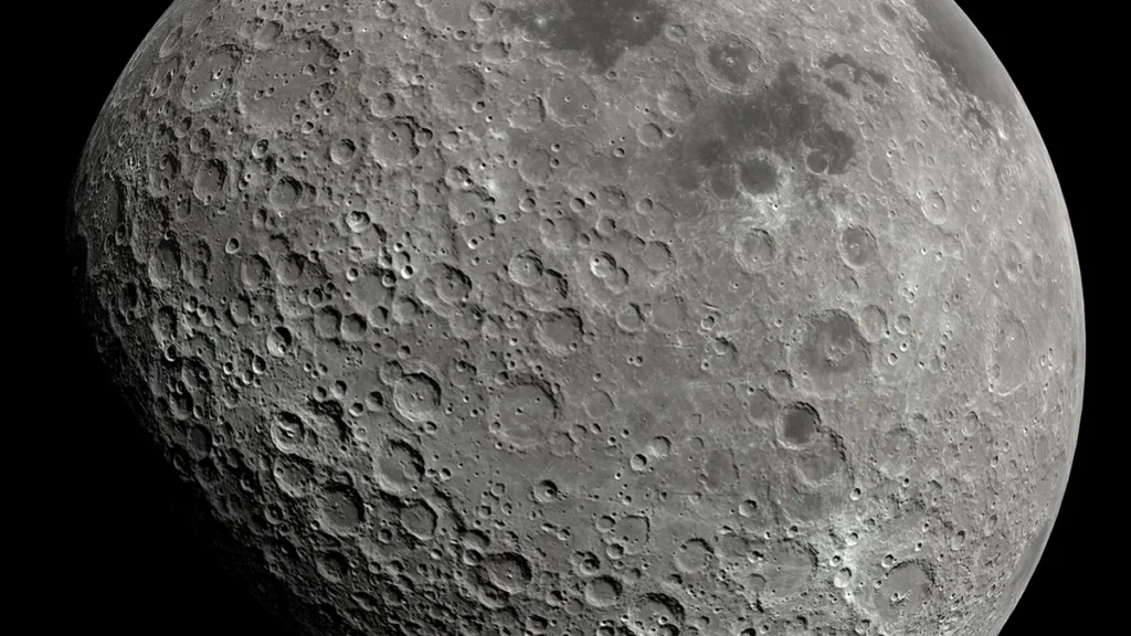 A detailed view of a heavily cratered grey celestial body, showcasing numerous impact craters against a black space