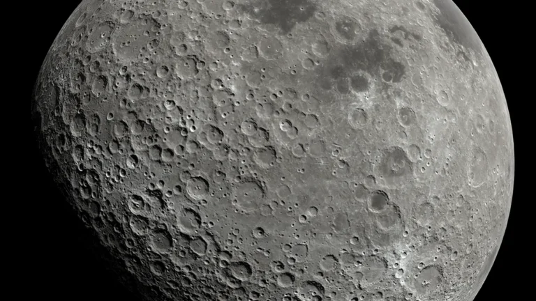 A detailed view of a heavily cratered grey celestial body, showcasing numerous impact craters against a black space
