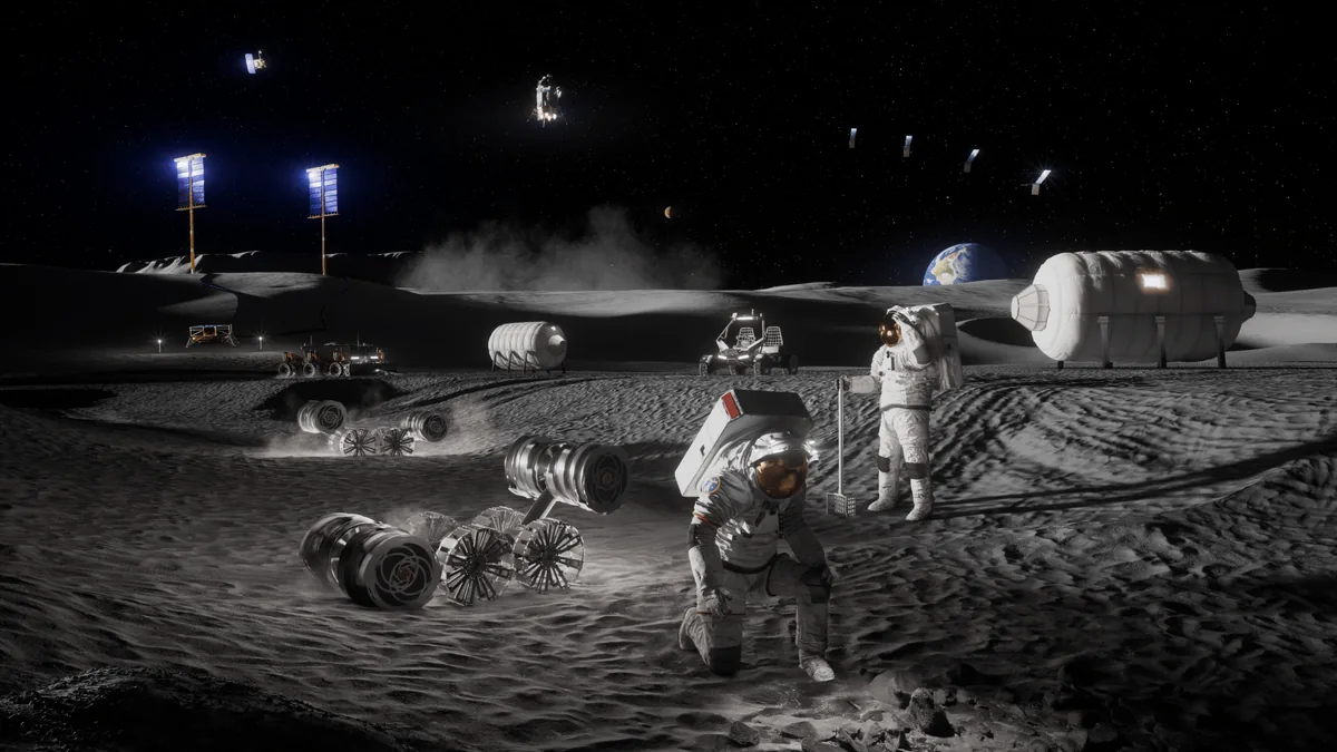 Astronauts and rovers working on a lunar surface base with habitats and Earth in the background.