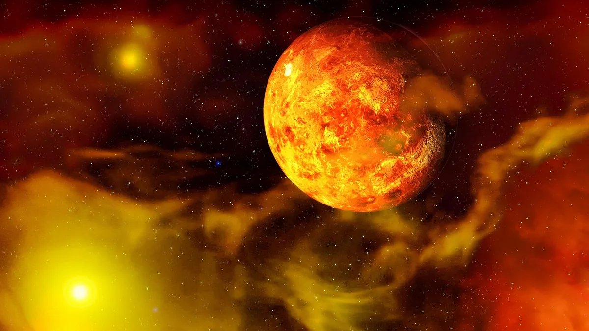 A vibrant artist's concept of a fiery orange lava planet glowing amidst colorful cosmic nebulae and stars.