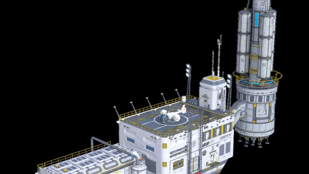 A white sci-fi orbital platform named Oberon with a small shuttle on the landing pad and a large booster rocket attached.