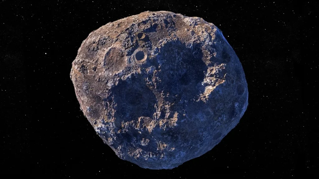 Artist's concept of the cratered asteroid Psyche against a starry black sky.