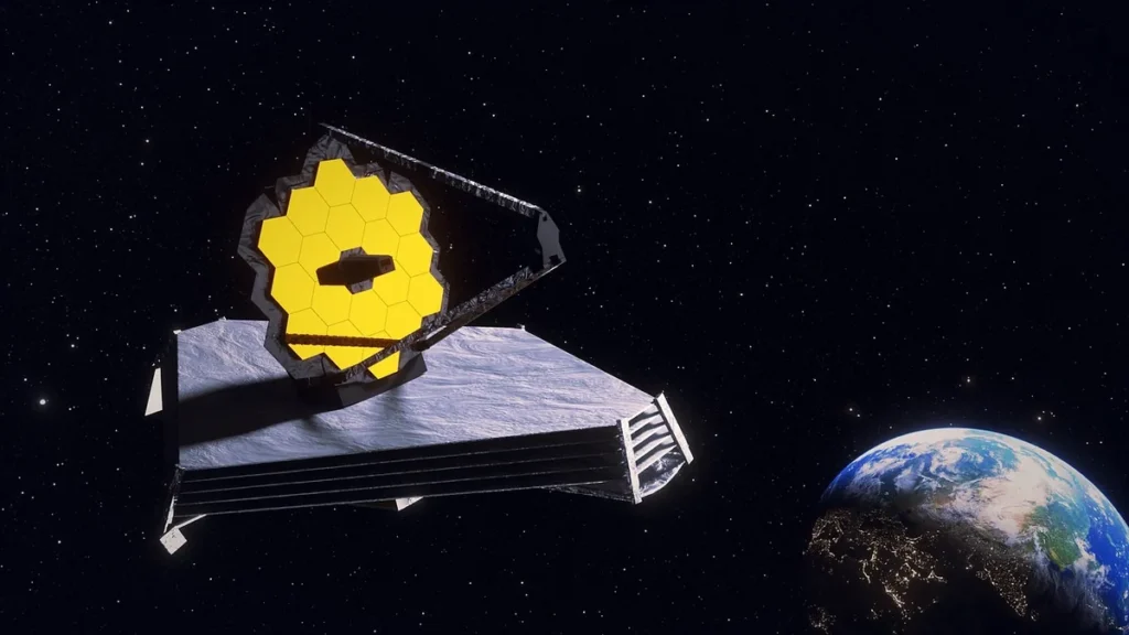 A space telescope with golden hexagonal mirrors orbits Earth amidst a starry field.