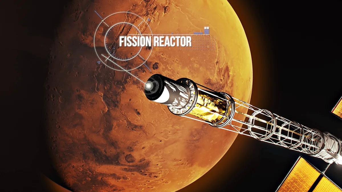 Concept art of a spacecraft with a fission reactor traveling towards Mars.
