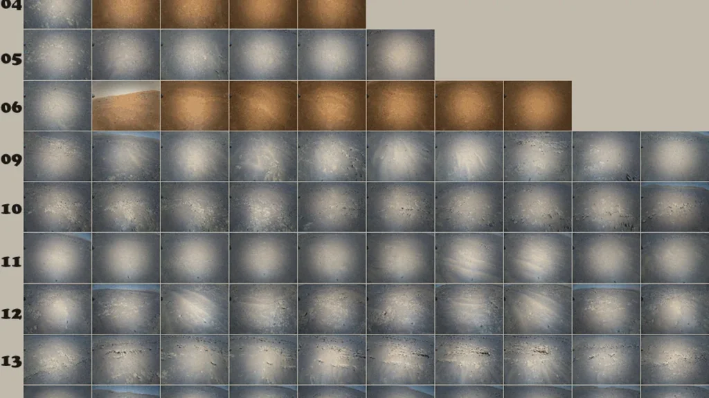 Grid of Mars surface images labeled with sol numbers, showing terrain from a helicopter perspective.