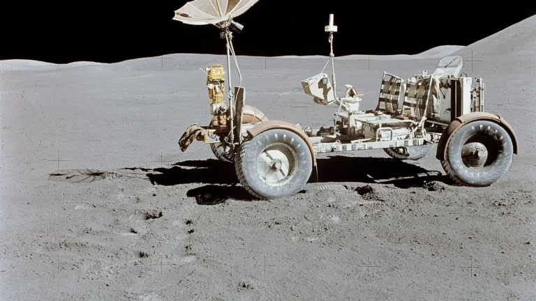 The Lunar Roving Vehicle on the gray dusty surface of the moon, showing its antenna and mesh wheels.