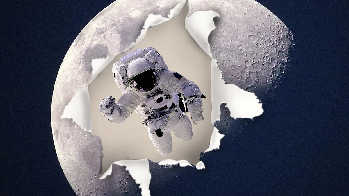 Astronaut floating in space suit against a stylized torn-paper moon, representing lunar exploration.
