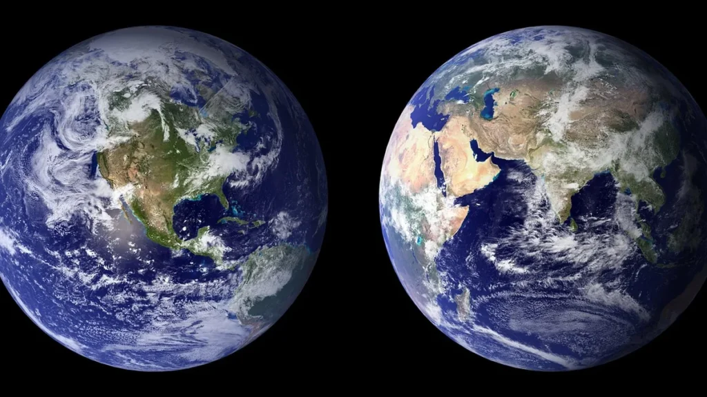 Side-by-side views of the Western and Eastern hemispheres of Earth against a dark space background.