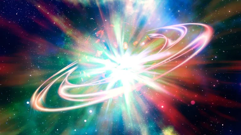 Colorful cosmic explosion with bright white light, swirling rings, and vibrant rays in a starry space background.