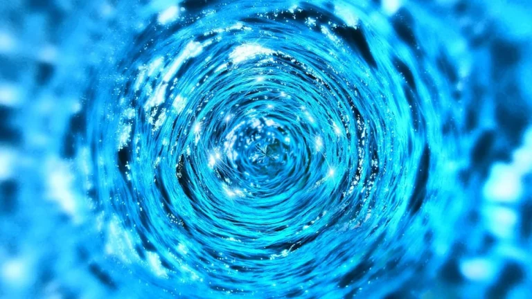 Abstract blue swirling energy vortex forming a bright tunnel with sparkling white lights.