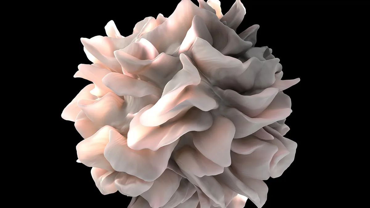 A 3D render of pinkish-white wavy folds representing a simulated plasma curtain structure on a black background.