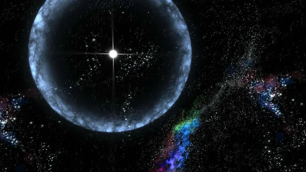 Bright star inside a blue cosmic sphere, surrounded by starry space and colorful nebula clouds.