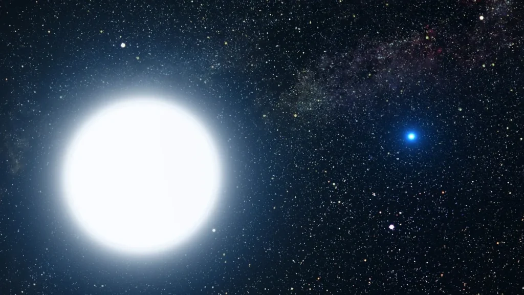 A giant glowing white star and a bright blue companion shine amidst a dense field of stars.
