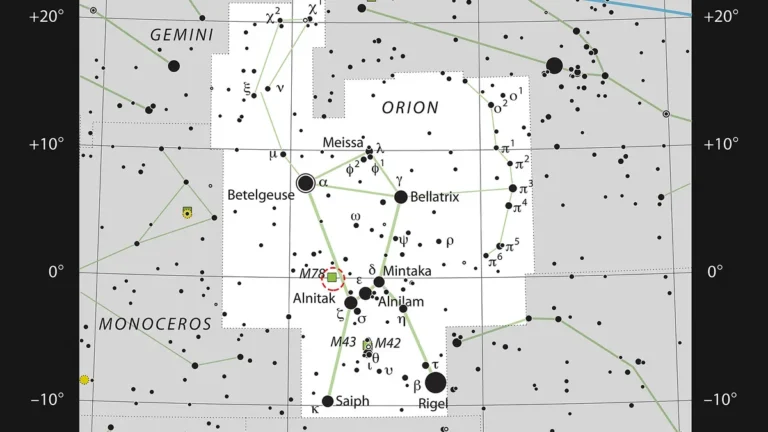 Constellation map of Orion showing major stars and the highlighted M78 nebula.