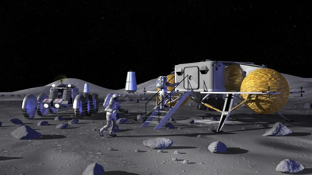 Astronauts near a lunar lander and habitat on the moon surface with a rover nearby under a starry sky.