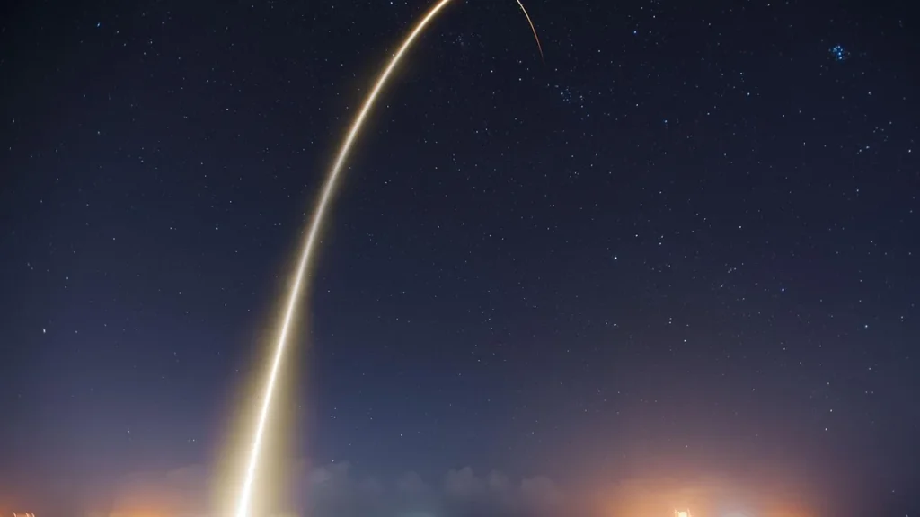 A bright rocket launch trail arcs across a starry night sky, glowing intensely near the horizon.