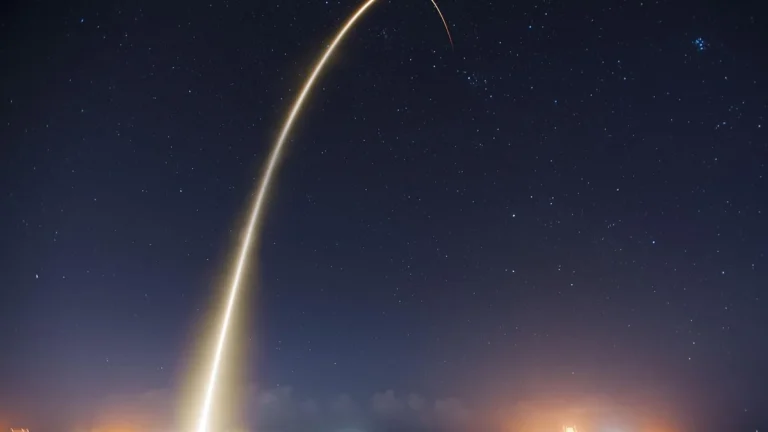A bright rocket launch trail arcs across a starry night sky, glowing intensely near the horizon.