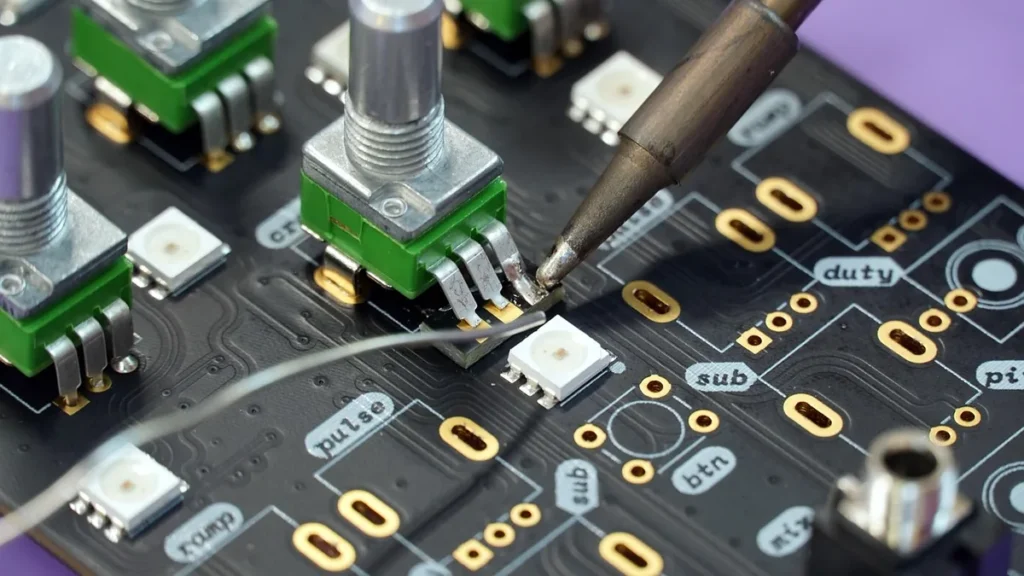 A soldering iron solders a component onto a black circuit board with green potentiometers and white labels.