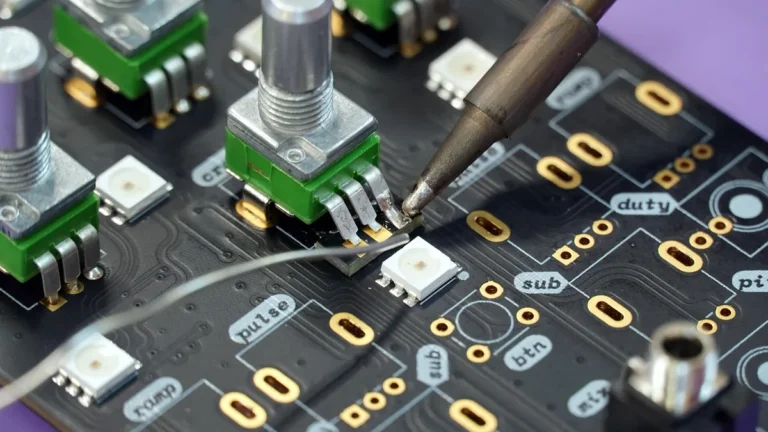 A soldering iron solders a component onto a black circuit board with green potentiometers and white labels.
