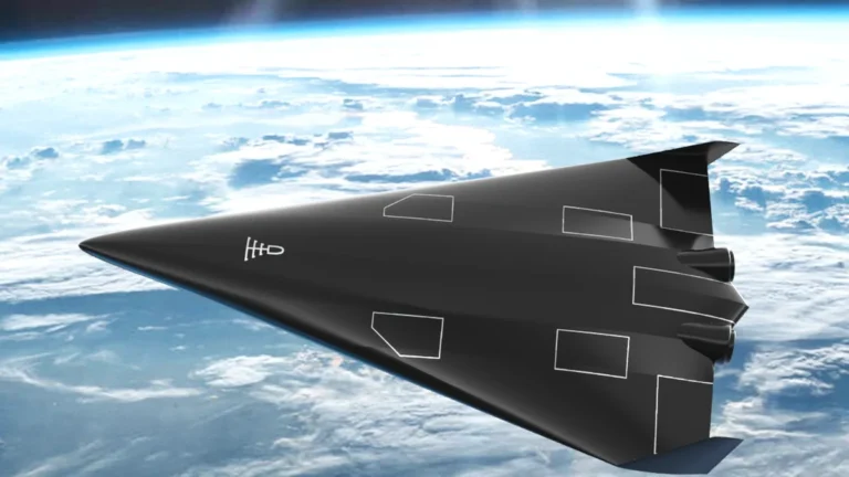 A black delta-wing spaceplane glides in orbit over a cloud-covered blue Earth, showing a stylized logo.