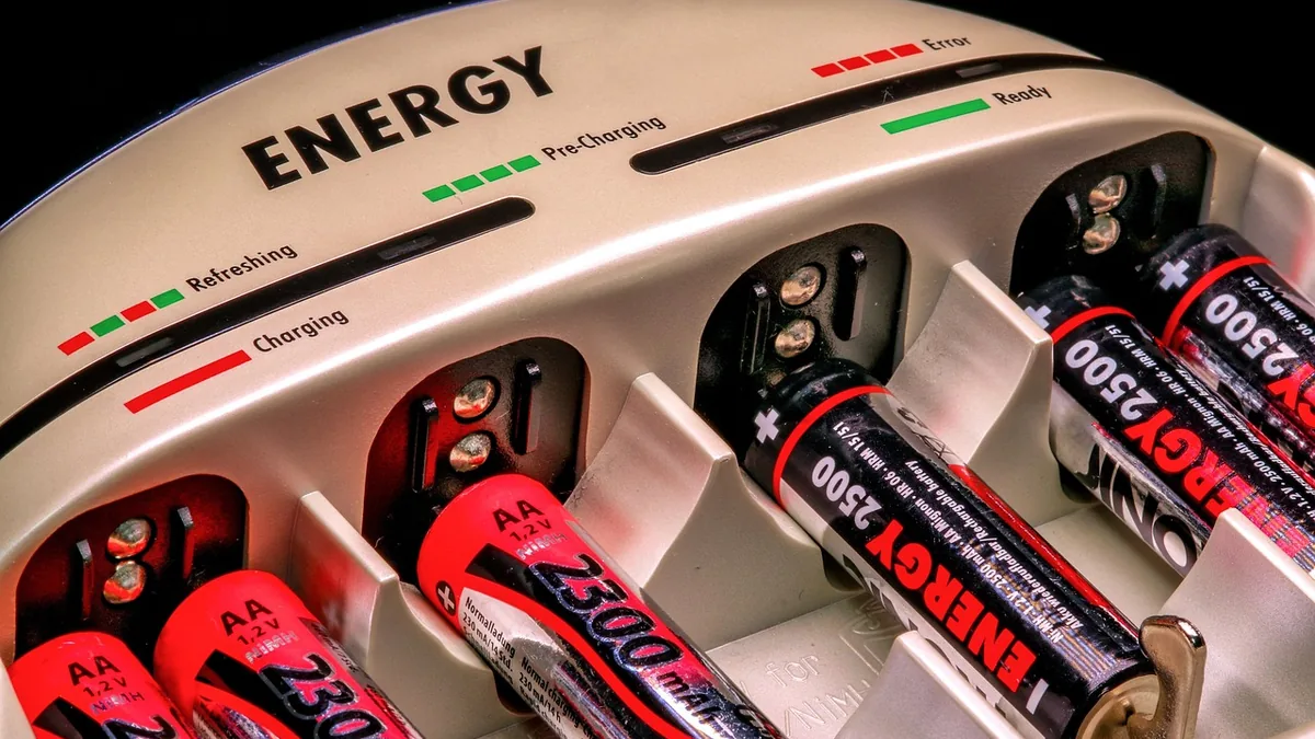 Red and black rechargeable AA batteries in a charger with status indicator lights.
