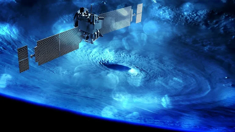 A blue-toned CGI render of a satellite orbiting a giant swirling vortex on a planet.