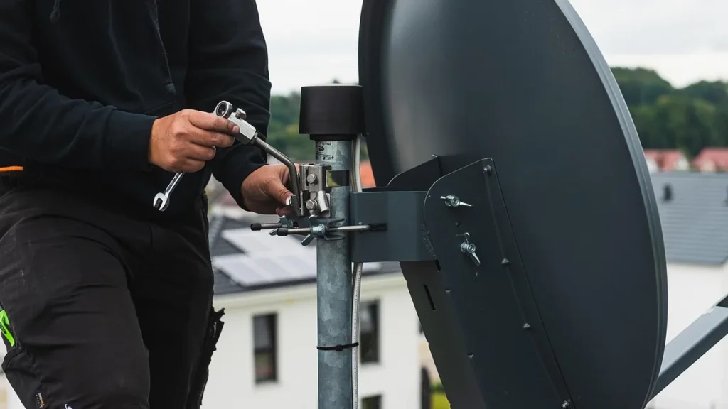 A technician in black clothing adjusts a grey satellite dish mounted on a metal pole.