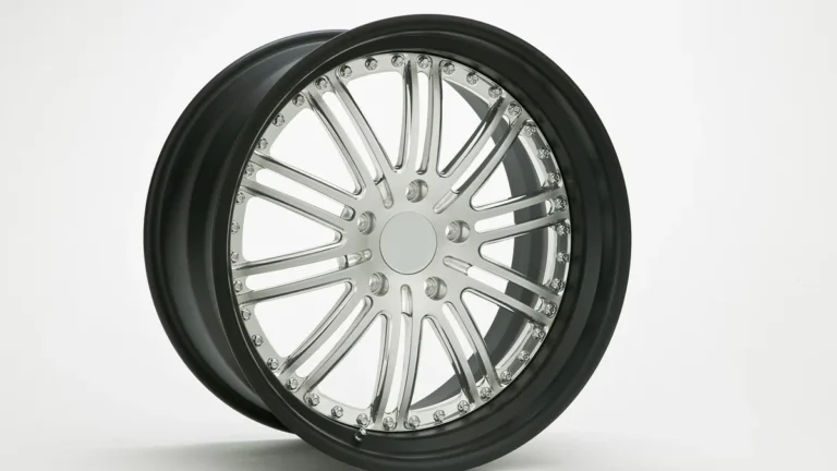 Polished silver multi-spoke car wheel with a black outer lip on a white background.