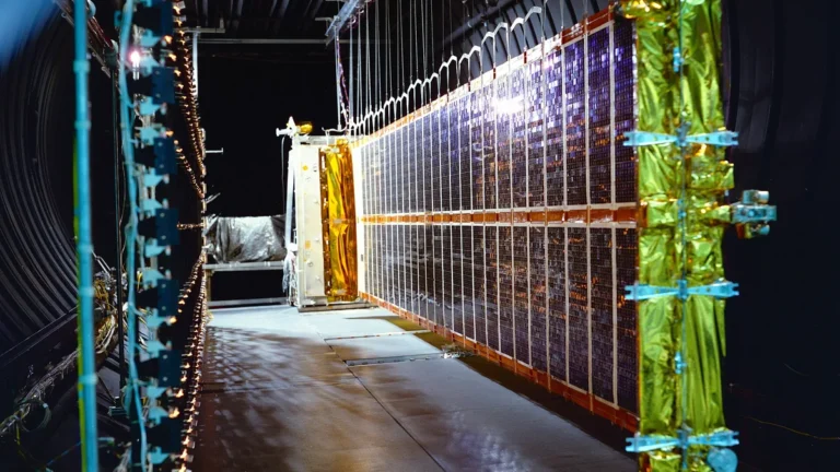 Massive space solar panel array undergoing testing in a clean room facility.