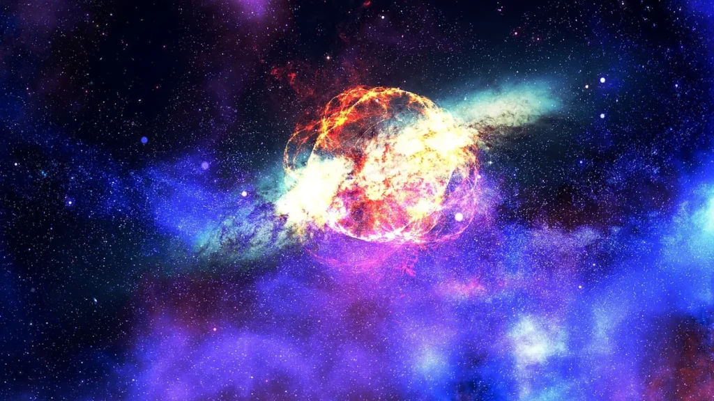 Vibrant supernova explosion glowing bright orange, surrounded by colorful purple and blue nebula clouds and stars.