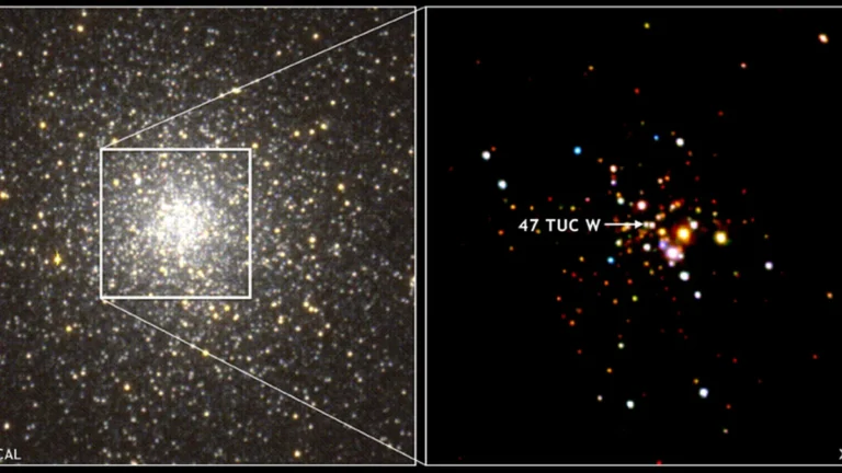 Optical view of globular cluster core zoomed into X-ray image pointing to pulsar 47 TUC W.