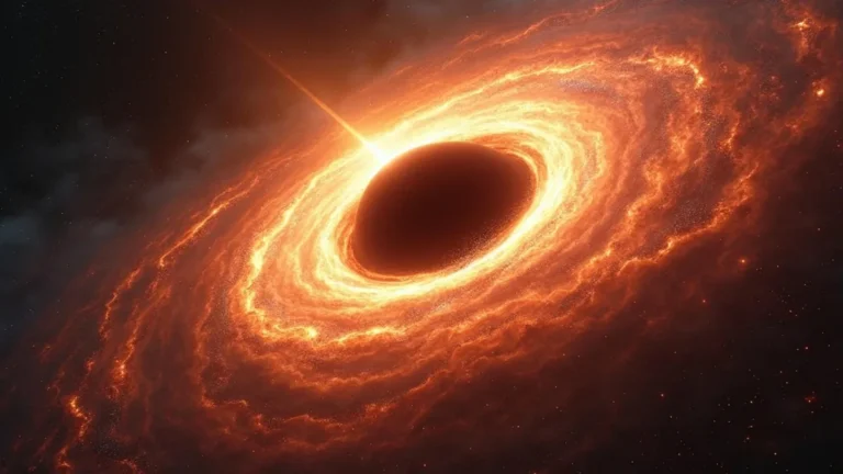 An artist's rendering of a supermassive black hole surrounded by a fiery orange accretion disk and a bright jet.