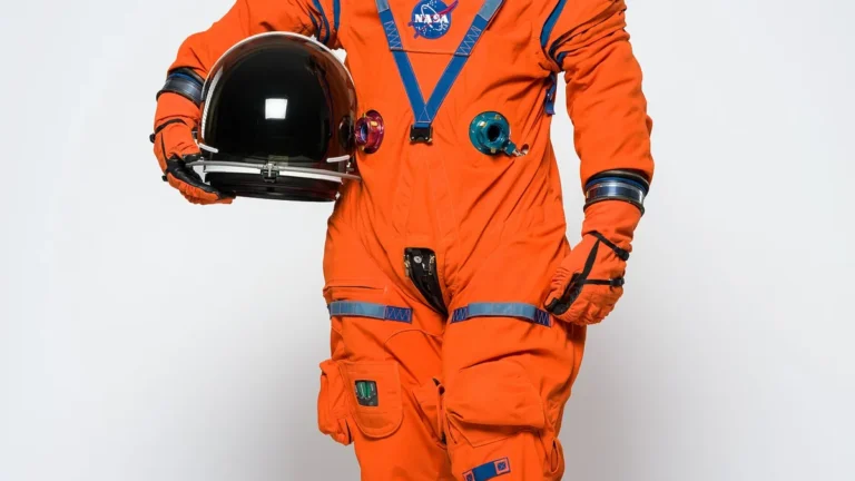 An astronaut in a bright orange NASA spacesuit holding a black-visored helmet against a plain white background.