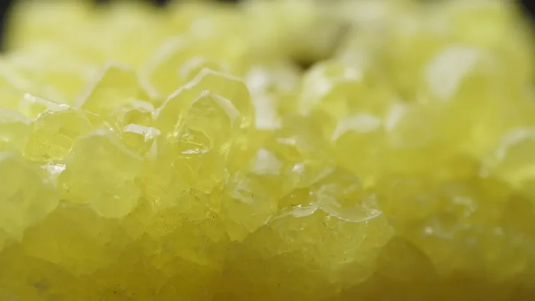 Yellowish translucent crystals, likely halite, captured in macro close-up with shallow depth of field.