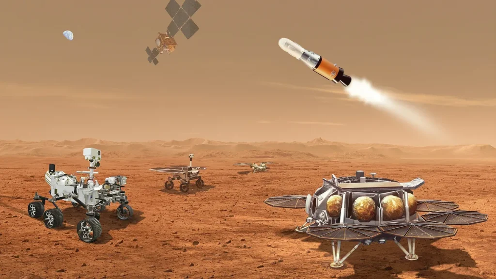 Artist concept of Mars rovers, a lander, and a launching rocket over the red Martian surface.